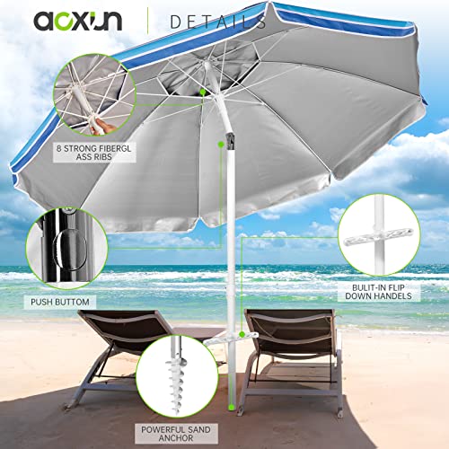 Aoxun 6.5ft Beach Umbrella with Tilt Pole, Portable Sand Anchor and Carry Bag, UPF 50+ Sun Shelter Air Vents Design for Outdoor Activities (Navy Blue & White) - color: Stripe Blue, size: 6.5ft