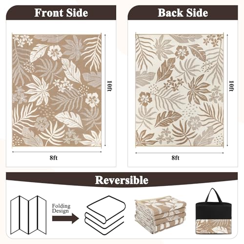 Pauwer Waterproof Outdoor Rug 8x10, Reversible Plastic Straw Patio Camping Rug, Indoor Outdoor RV Mat Carpet for Deck, Camper, Porch, Balcony, Backyard, Picnic, Floral Brown - color: Floral Brown, size: 8' x 10' (Rectangular)