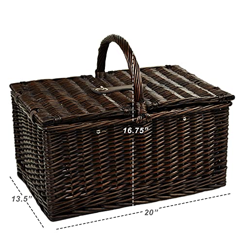 Picnic at Ascot Buckingham Willow Picnic Basket with Service for 4 and Coffee Service - Blue Stripe - color: Brown Wicker- Santa Cruz Plates/Napkins
