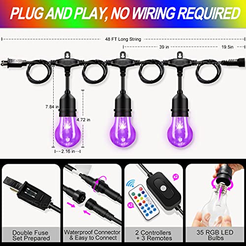 96FT Solar Outdoor String Lights, 30 Shatterproof Edison Bulbs, Dimmable Color Changing RGB LED Patio Lights with 2 Remote Controllers. Perfect for Backyard Decorative Lighting - size: A55 96ft