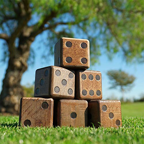 GoSports Giant Wooden Playing Dice Set with Rollzee and Farkle Scoreboard - Includes 6 Dice, Dry-Erase Scoreboard and Canvas Tote Bag - Choose 2.5 Inch or 3.5 Inch Dice) - style: 3.5 Inch Stained Wood Dice