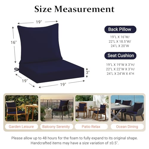 downluxe 19x19 Outdoor Chair Cushions, Waterproof Fade Resistant Patio Furniture Cushions with Handle & Removable Cover, Deep Seat Outdoor Cushions for Sofa, Couch and Patio Chairs, Navy - color: Navy, size: 19 x 19 Inch