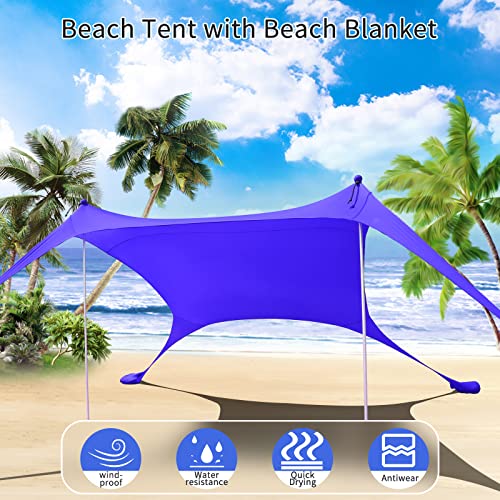 77 FT Beach Tent Sun Shelter UPF50+ UV Protection, Outdoor Canopy Tent Sun Shade with 2 Poles for Camping, Fishing, Backyard and Picnics with Sandproof Beach Blanket Royal Blue - color: Royal Blue