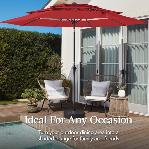 Best Choice Products 10ft 3-Tier Market Patio Umbrella, Outdoor Sun Shade with Tilt, Crank Lift, 8 Ribs for Backyard, Deck, Poolside - color: Red