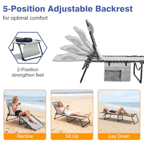 Face Down Chaise Lounge Chair Set of 2, 5-Position Adjustable Sunbathing, Foldable Tanning Chair with Face& Arm Holes, Outdoor Recliner Chair for Pool, Beach, Patio, Lawn (Gray, 2 Pcs) - color: Gray&hole