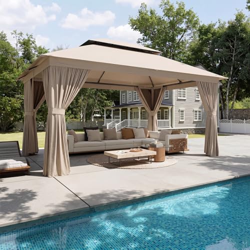 Aoxun Outdoor Gazebo for Patio 10x12 Metal Frame Canopy with Double Roofs Heavy Duty Party Tent and Shelter with Mosquito Netting and Privacy Screen for Backyard, Lawn, Garden, Deck (Khaki) - color: Khaki, size: 10 X 12