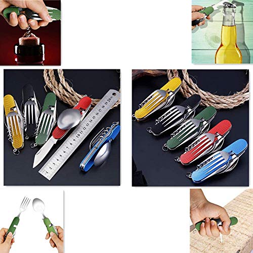 6-in-1 Multi-Function Camping Utensil Flatware Set Detachable Spoon Fork Knife Combo Mess Kit with Carrying Pouch (Black + Gold + Green) - color: Black + Gold + Green