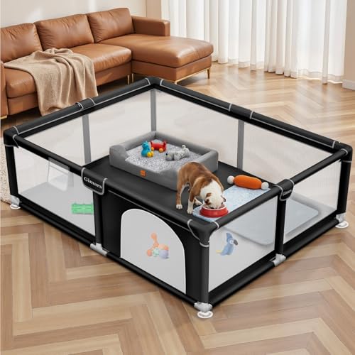 71x59x26 Inches Puppy Playpen with Gate, Dog Playpen for Puppies or Small Dogs, Sturdy Safety Dog Fence Pet Playpen with Thickened Fabric, High-Strength Nylon Wire Mesh for Indoor & Outdoor,Washable - color: Black-Extra Large