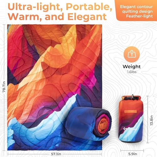 KingCamp Ultralight Camping Blanket, Packable Down Alternative Puffy Printed Wearable Blanket with Snap Buttons & Corner Loops Weatherproof Quilt for Outdoor Travel Stadium (78.7"L x 57.1"W, PEAK) - color: Scenictrail-peak, size: 79" x 57"