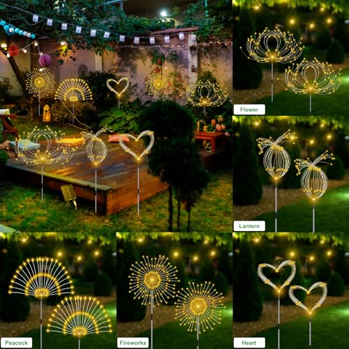 Slyuexu Solar Garden Lights Outdoor Waterproof, 4 Pack Total 480 LED Solar Firework Lights Decorative with 8 Lighting Modes Outside for Yard Pathway Flowerbed Decor, Warm White - color: Warm White, size: 4 Pack