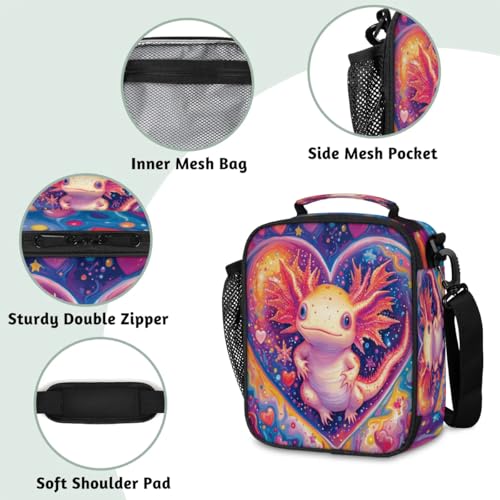 Insulated Lunch Box for Girls Kids Axolotl Lunch Bags Reusable Portable Lunchbox with Adjustable Shoulder Strap and Water Bottle Holder for Work School Travel - color: Axolotl