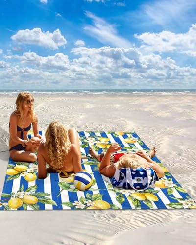 Lemon Beach Blanket Waterproof Sandproof 95"x80", Summer Blue Stripes Oversized Beach Mat with 4 Corner Sand Pocket & 4 Stakes, Compact Outdoor Picnic Mat for Camping Travel Festivals - color: Blue, size: 95"x80"