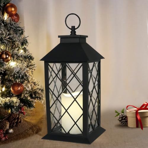 2-Pack 13.5" Vintage Candle Lantern with LED Pillar Light (Black, 6hr Timer) - IP44 Waterproof Battery Powered Decorative Light - Outdoor Hanging Lantern Decorative Indoor Candle Holder - color: [2-pack] Textured Black Lantern - White Candle