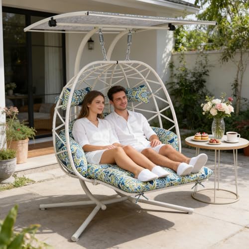 Double Egg Chair Outdoor with Stand & Canopy,Hanging Loveseat Hammock Swing Chair with Leg Rests & UV Resistant Cushion,Patio Swinging Chair,600LBS Capacity for Bedroom Balcony Garden - color: Double Chair & Footrest & Canopy, size: White Frame & Floral C