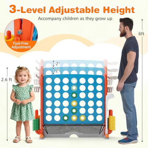 COSTWAY Giant 4-in-A-Row Connect Game Set, Height Adjust 4-to-Score Game with Mesh, Golf, Ring Toss Sets, Basketball & Cup Holders, Indoor Outdoor Yard Party Game for Kids Adults, Family (Blue) - color: Blue & Orange