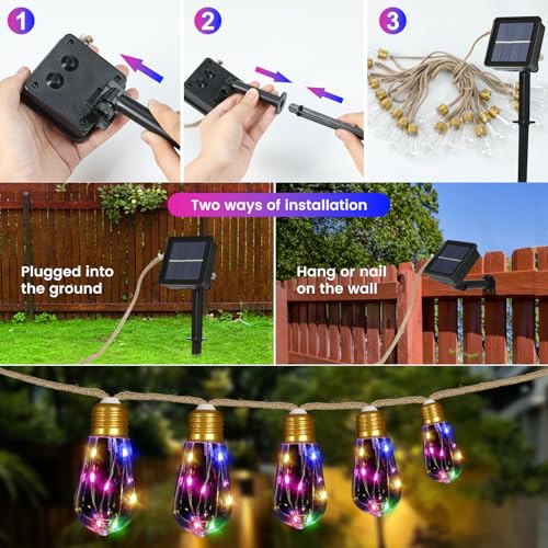 Solar String Lights Outdoor, 24FT Solar Patio String Lights for Outside, Outdoor Solar Lights with 20 Shatterproof Bulbs, Waterproof 8 Light Modes for Garden Fence Balcony Camping Decor - Multicolor - color: Solar-Multicolored