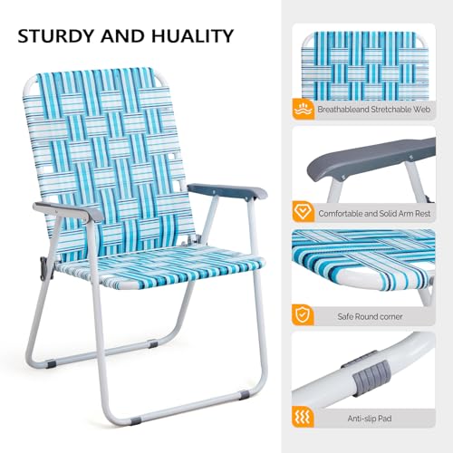 VINGLI Patio Lawn Webbed Folding Chairs Outdoor Beach Portable Camping Chair for Yard, Garden (2, White & Blue, Oversized) - color: White & Blue, size: Oversized