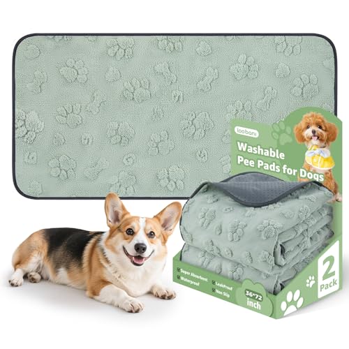 LOOBANI Washable Pee Pads for Dogs: 2 Pack Super Absorbent Reusable Puppy Pads, Leakproof and Waterproof Dog Training Pads Whelping Pads for Hallway Runner, Floor, Crate, Couch and Travel, 36"x72" - color: Green Dog Element, size: 36"x72"(Pack of 2)
