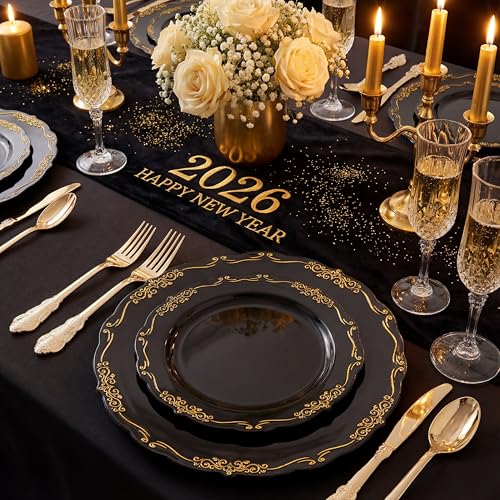 U-QE 100PCS Black and Gold Plastic Plates - Heavy Duty Black Disposable Plates Including 50PCS 10'' Dinner Plates & 50PCS 7.5'' Dessert Plates - Hard Plastic Plates for Party - color: Black/Gold
