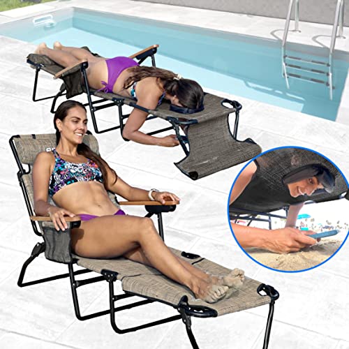 EASYGO PRODUCTS FLIP Face Down Tanning Chaise Lounge Chair with Face & Arm Holes - 4 Legs Support - Textilene Material - 6 Position - Arm Head Rest Pillow - Beach or Home Use - color: Flip Brown