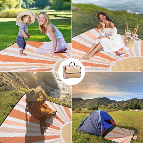 Picnic Blankets Waterproof,79''x79'' Extra Large Foldable Sandproof Beach Blanket,Portable 3-Layer Polyester Outdoor Picnic Blanket for Grass Lawn,Beach,Family Camping,Park,Travel-Starburst Orange - color: Starburst Orange