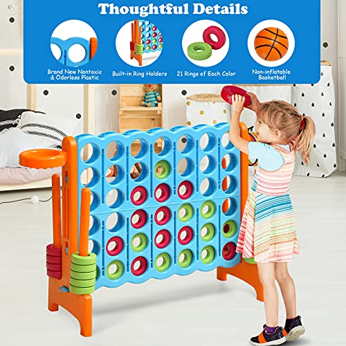 Costzon Giant 4-in-A-Row, Jumbo 4-to-Score Giant Game w/Basketball Hoop, Ring Toss, Quick-Release Slider, 42 Jumbo Rings, Indoor Outdoor Family Connect Game for Kids & Adults, Backyard Games, Orange - color: Baby Blue/Orange