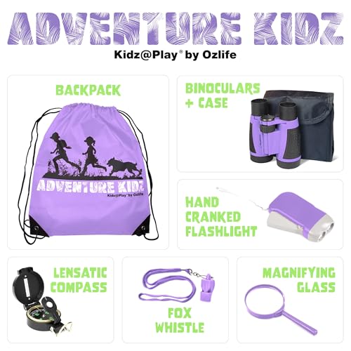 Adventure Kidz - Outdoor Exploration Kit, Children’s Toy Binoculars with Case, Flashlight, Compass, Fox Whistle, Magnifying Glass, Backpack. Great Kids Set for Camping, Hiking, STEM, Pretend Play. - color: Purple