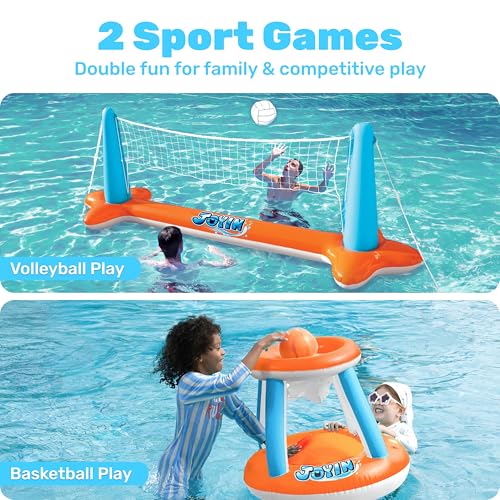 JOYIN Pool Toys Games Set-Inflatable Pool Float Set Volleyball Net & Basketball Hoops, 2 in1 Floating Swimming Game Toy, Volleyball Swimming Pool Game for Kids and Adults, Backyard Beach Summer Toys - color: Orange, size: Large