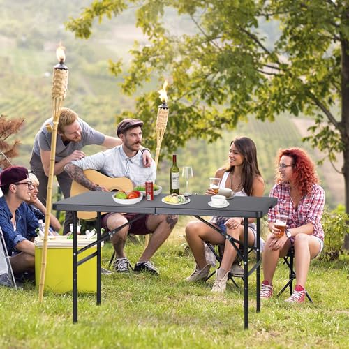 SUPER DEAL Portable 4 Foot Plastic Folding Table, Indoor Outdoor Heavy Duty Fold-in-Half Picnic Party Camping Barbecues Table with Carrying Handle, Black - color: Black, size: 48"x24", style: Rectangular