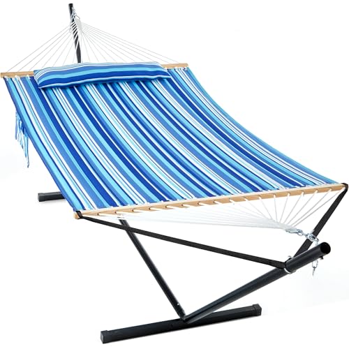 GAFETE 2 Person Hammock with Stand for Outside, 12ft Heavy Duty Steel Stand, Double Hammocks with Hardwood Spreader Bar, Large Removable Pillow, Side Pockets, Max 475 lbs Capacity (Ocean Blue) - color: Ocean Blue