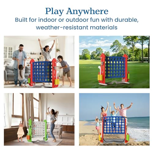 UNICOO Adjustable Height Giant 4-in-a-Row Game with Carry Bag, 4-in-1 Jumbo 4-to-Score Yard Game with Basketball Hoop, Ring Toss & Golf Set, Indoor Outdoor Family Party Game for Kids & Adults - color: Red & Blue