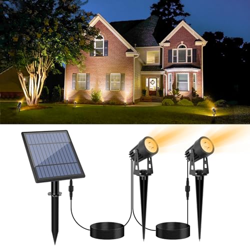 APONUO Metal Solar Spot Lights Outdoor with 9.8ft Cable Solar Powered Landscape Lighting Low Voltage IP65 Waterproof Auto On/Off for Outside Garden Yard Landscape Pathway Garage-Warm White(2-in-1) - color: Warm White, size: 2-IN-1
