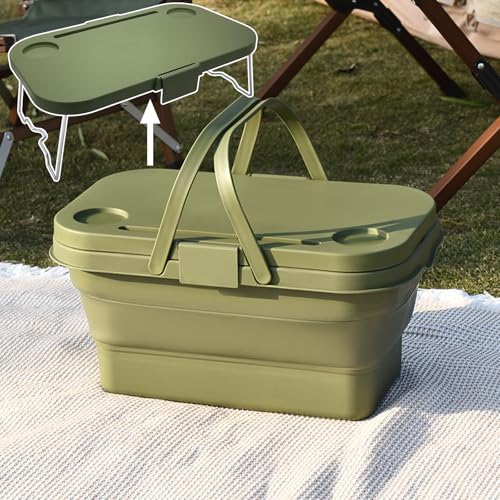 Collapsible Picnic Basket, Collapsible Picnic Basket with Handles (with Table Lid), Collapsible Garden Basket, Collapsible Harvest Basket for Camping, Beach, Hiking, and Outdoor Dining (Green) - color: Green