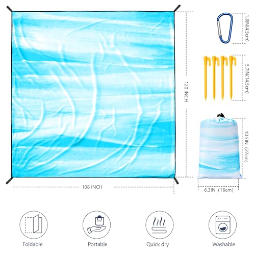WIWIGO Beach Blanket Waterproof Sandproof Beach Mat 79" X 83"/10'x9'for 2-8 Adults Quick Drying Outdoor Picnic Mat Beach Accessories for Travel, Camping, Hiking - color: Blue and White Splattered With Color, size: 120" X 108"（1-8person）