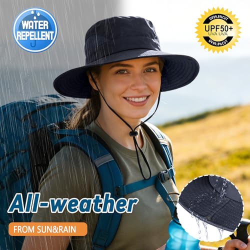 ZOORON Sun Hats for Men Women, Wide Brim Safari Hats UV Protection UPF50+ Waterproof Boonie Hats for Fishing Hiking Camping - color: 2pack-black+navy