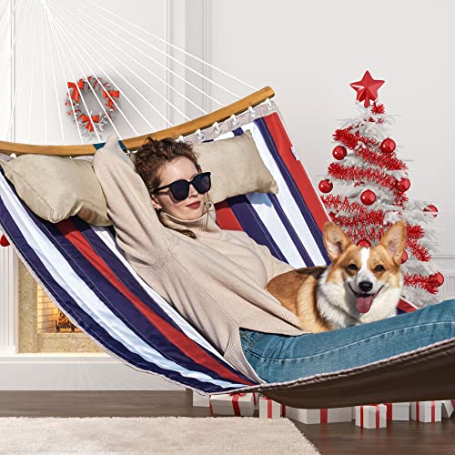 Double Hammock, 11 FT Quilted Fabric 2 Person Hammock for Outside with Pillow, Folding Curved Spreader Bar, Chains, Carrying Bag, Indoor Outdoor, 450 IB Capacity, Trinidad Red - color: Trinidad Red