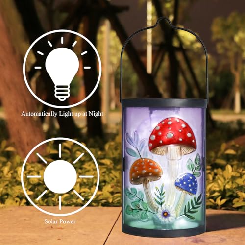 Hanging Solar Lantern Outdoor Waterproof Mushroom Solar Lights Glass Tabletop Decorative Lamp for Outdoor Patio Garden Outside Yard Decor - style: Mushroom