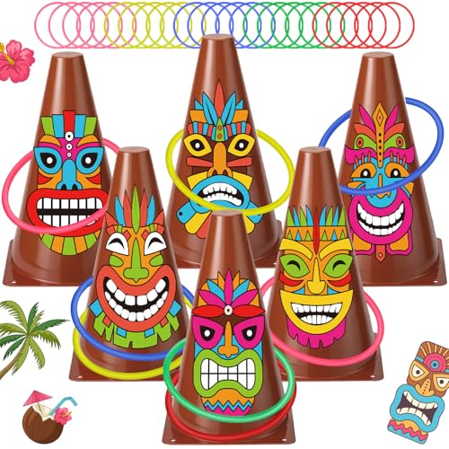 Jenaai 26 Pcs Luau Party Favors Luau Tiki Pool Ring Toss Game Limbo 6 Plastic Cones Hawaiian 20 Toss Rings for Indoor Outdoor Summer Tropical Pool Beach Party Supplie
