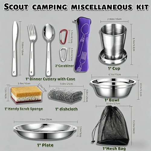 Scout Camping Mess Kits Stainless Steel Utensils Camping Dinnerware Kit Boy Scout Dishes Set Girl Scout Mess Kit with Mesh Bag Camping Cutlery Set Travel Trip School Camp Easy to Carry Clean