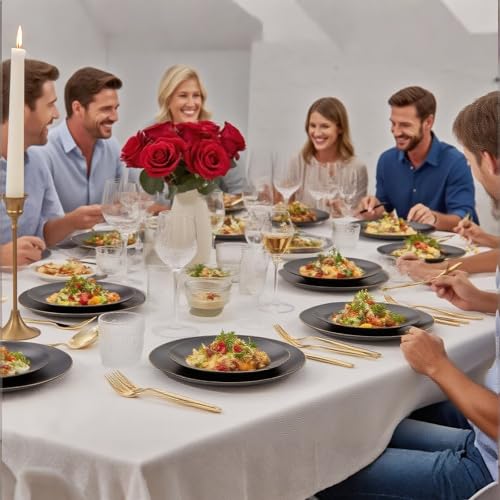 EI enjonirinjonir 80pcs Black and Gold Dinner Plates Disposable 10.25inch,Plastic Party Plates with Gold Rim,Black Plastic Matte plate Frosted Disposable Heavy Duty,Elegant for Wedding/Tea Party - color: Black and Gold Frosted Plastic Dinner Plates