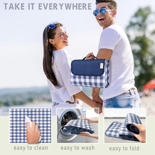SAMSIER Outdoor Picnic Blankets Waterproof Foldable, Large Beach Blanket Sandproof, Gingham Picnic Mat Cute Washable Portable (Navy Blue, 80"×80") - color: Navy Blue, size: 6'8" x 6'8" (Square)