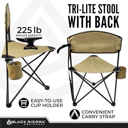 Black Sierra Tri-Lite Stool with Back Lightweight, Folding Chair, for in the Hunting Blind, Camping, and Fishing, Steel Frame Supports 225 LBS - color: Tan 2