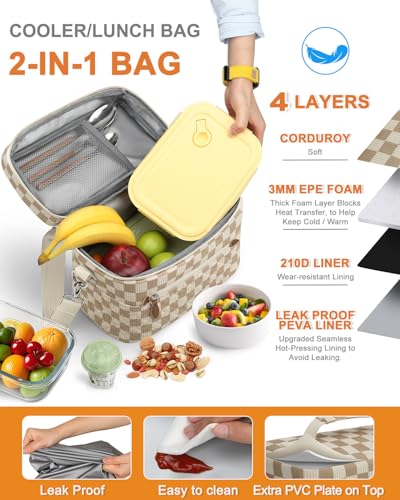 Capolo Lunch Box for Women Men Adults,Insulated Lunch Bag Leakproof Lunch Cooler Box with Removable Strap Cute Lunch Tote Bags Reusable Thermal Lunchbox for Work Picnic(Small,Khaki Checkered) - color: Khaki Checkered, size: Small