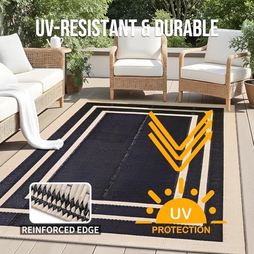 OLANLY Outdoor Rug 4x6 ft Waterproof, Reversible Outdoor Plastic Straw Rug, RV Mat, Indoor Outdoor Carpet Clearance for Patio, Camping, Balcony, Deck, Backyard, Black & Beige - color: Black & Beige, size: 4' X 6' (Rectangular)