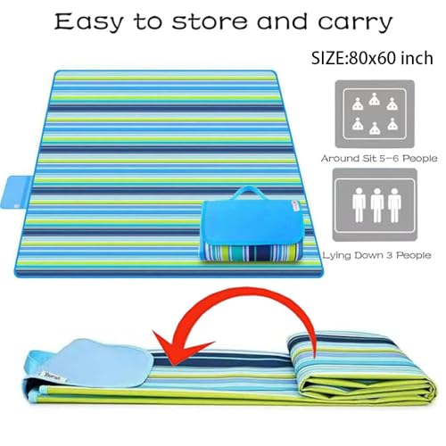 RUIBOLU Large Picnic Blanket, Beach Blankets(80X60) Inch Sandproof Beach Mat for 3-5 Adults Waterproof Quick Drying Outdoor Picnic Mat for Travel Camping Park Lawn (Blue Stripes) - color: Blue Stripes