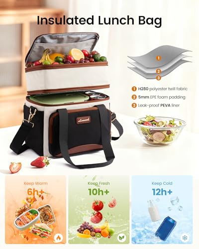 LOVEVOOK Insulated Lunch Bag For Women Men,Expandable Double Deck Lunch Box With Large Cup Holder,Leakproof Cooler Bag For Adult Lunch Tote Bag Work Picnic Beach with Adjustable Shoulder Strap Gift - color: Off White with Khaki, size: Large —15l