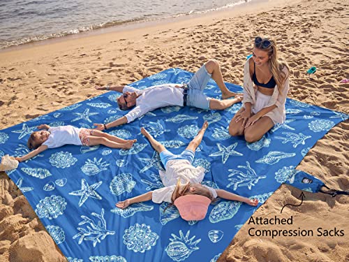 WEKAPO Beach Blanket Waterproof Sandproof Oversized, Extra Large Beach Mat Sand Free, Lightweight & Compact Sand Free Mat with 5 Stakes & 4 Corner Pockets - color: Blue Sea Shells, size: 11 x 9 FT (1～9 person)