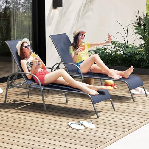 Giantex 2 Pack Patio Lounge Chair, Outdoor Chaise Lounge with 5 Adjustable Backrest, Sturdy Steel Frame, Sunbathing Recliner, Beach Chair, Tanning Chair for Outside, Yard, Balcony, Pool Chairs, Navy - color: Navy