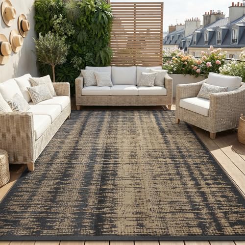 MontVoo Outdoor Rug Waterproof 8x10 ft Outdoor Carpet Patio Rug Mat Reversible RV Camping Rug Plastic Straw Outside Rug for Balcony Porch Deck Picnic Beach Modern Black Brown - color: Brown, size: 8' X 10' (Rectangular)