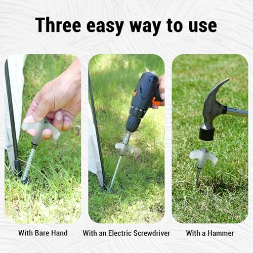 12 Pack Screw in Tent Stakes Heavy Duty-8” Metal Pegs for Ground, Drill in Camping Stake with Ratchet Tie Downs, Hex Head Driver, Spikes Puller, Protectors in a Carrying Bag, for Hiking - color: luminous with ratchets